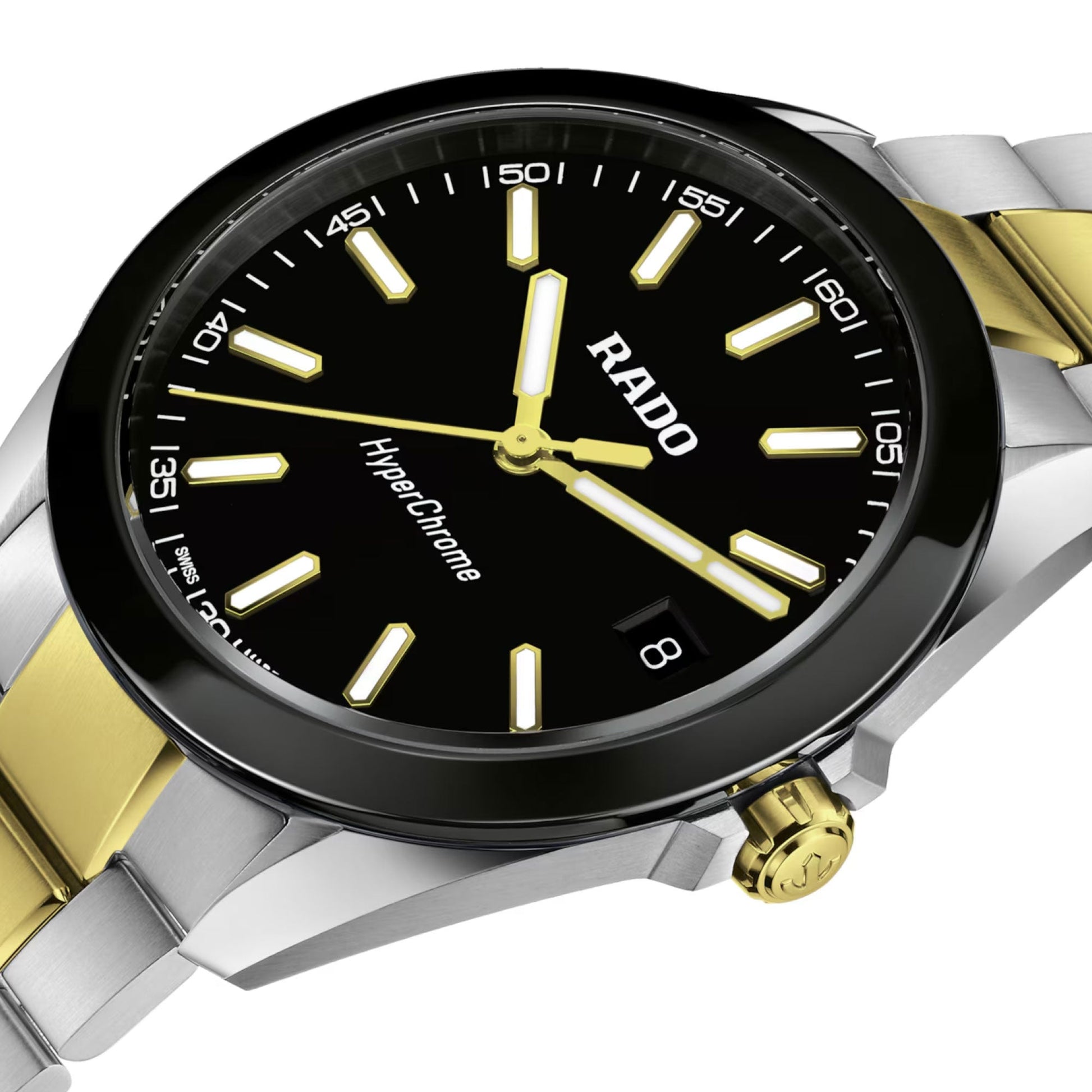 Close-up of the RADO HyperChrome Quartz 41.5mm Watch, featuring a black dial, gold markers and hands, date at 3 o’clock, high-tech ceramic bezel, and a two-tone silver and gold bracelet.