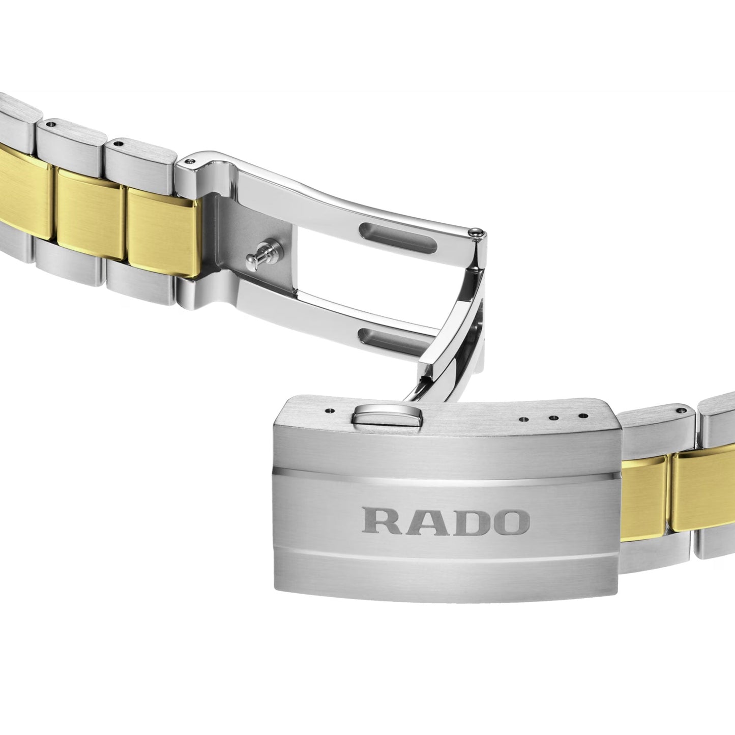 Close-up of the RADO HyperChrome Quartz 41.5mm watch's two-tone bracelet with a "RADO" engraved deployment clasp, featuring silver and gold links that perfectly complement its high-tech ceramic bezel.