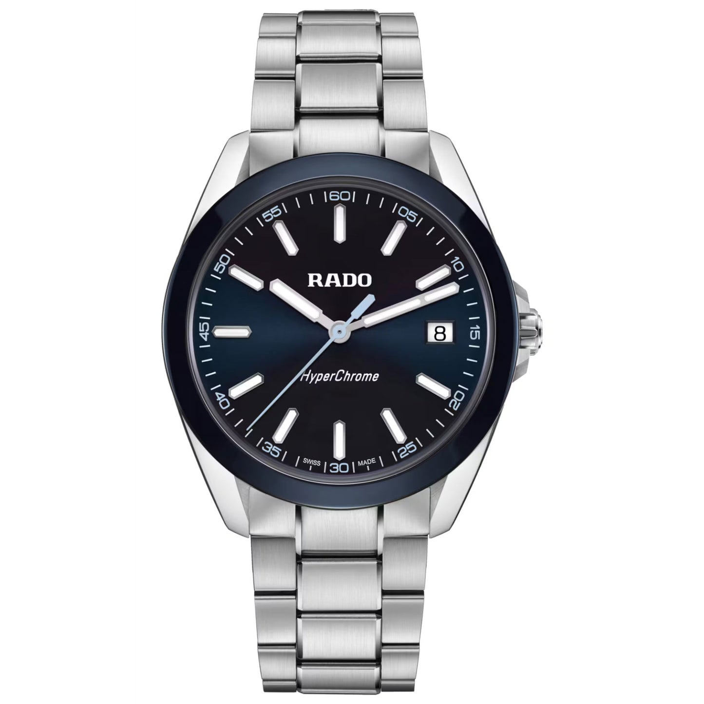 The RADO HyperChrome Quartz 41.5mm Watch by RADO features a blue dial, silver markers and hands, date at 3 o’clock, high-tech ceramic bezel, and a stainless steel bracelet; shown on a white background.