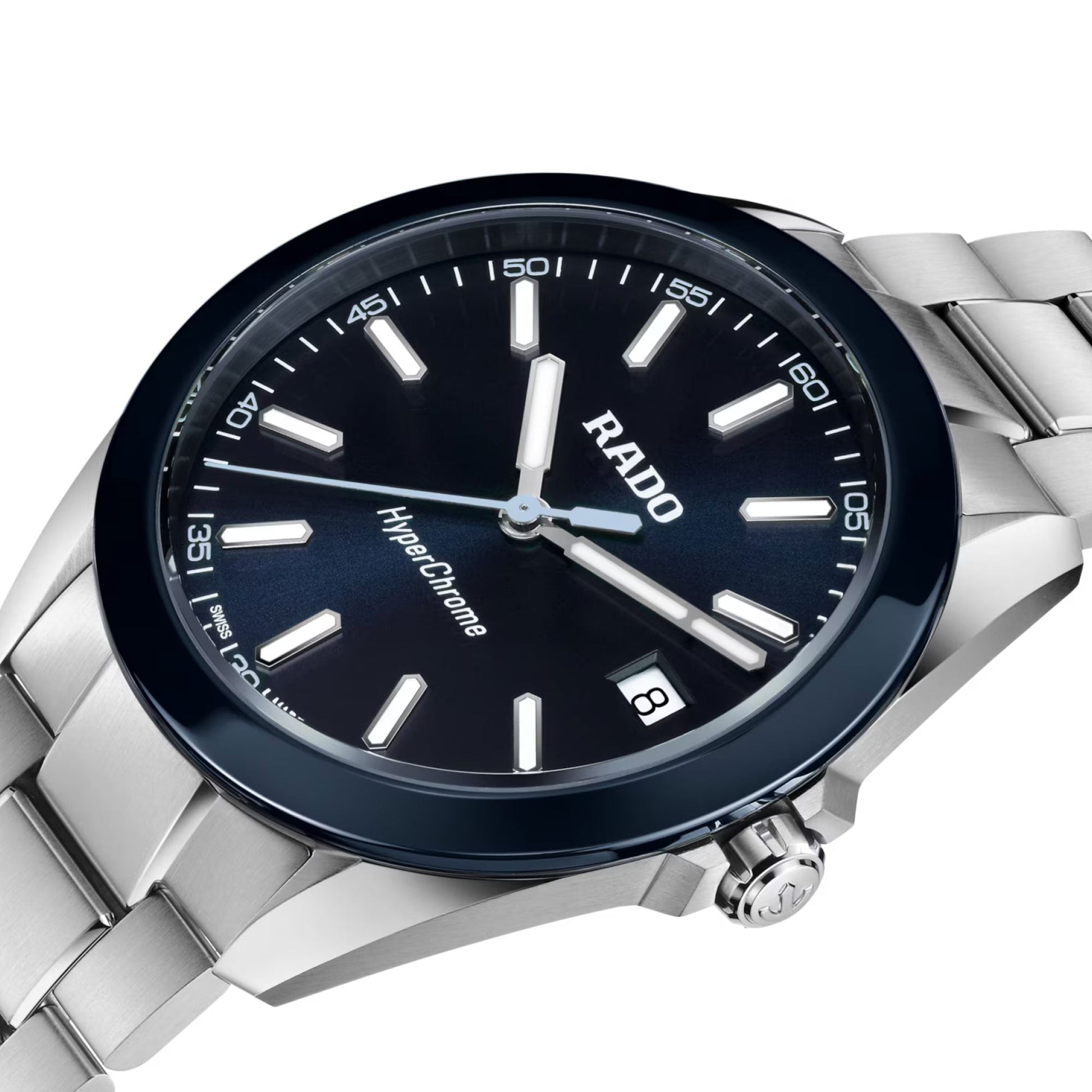 A detailed look at the RADO HyperChrome Quartz 41.5mm Watch, featuring a blue dial with silver markers and hands, date window at 4 o'clock, high-tech ceramic bezel, and a stainless steel band by RADO.