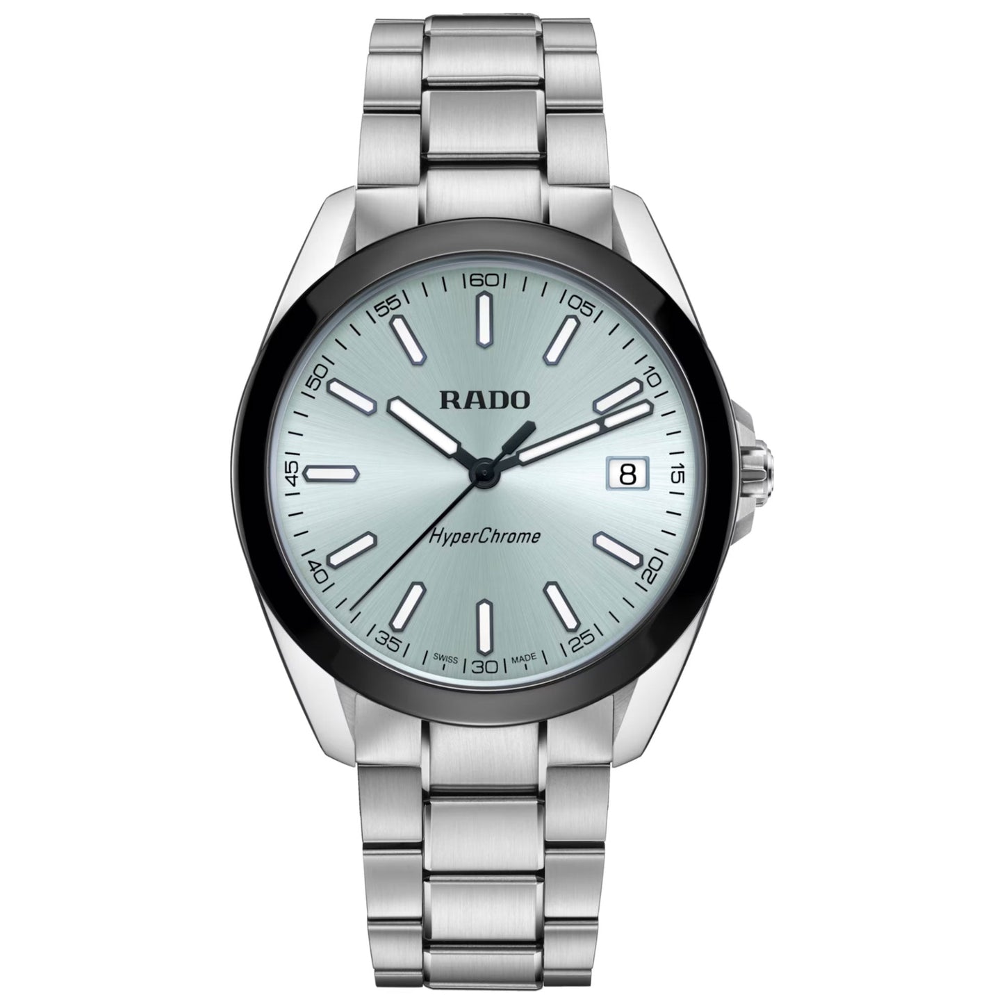 The RADO HyperChrome Quartz 41.5mm watch features a silver stainless steel band, light blue dial, high-tech ceramic bezel, silver hour markers and hands, plus a date display at 3 o’clock.