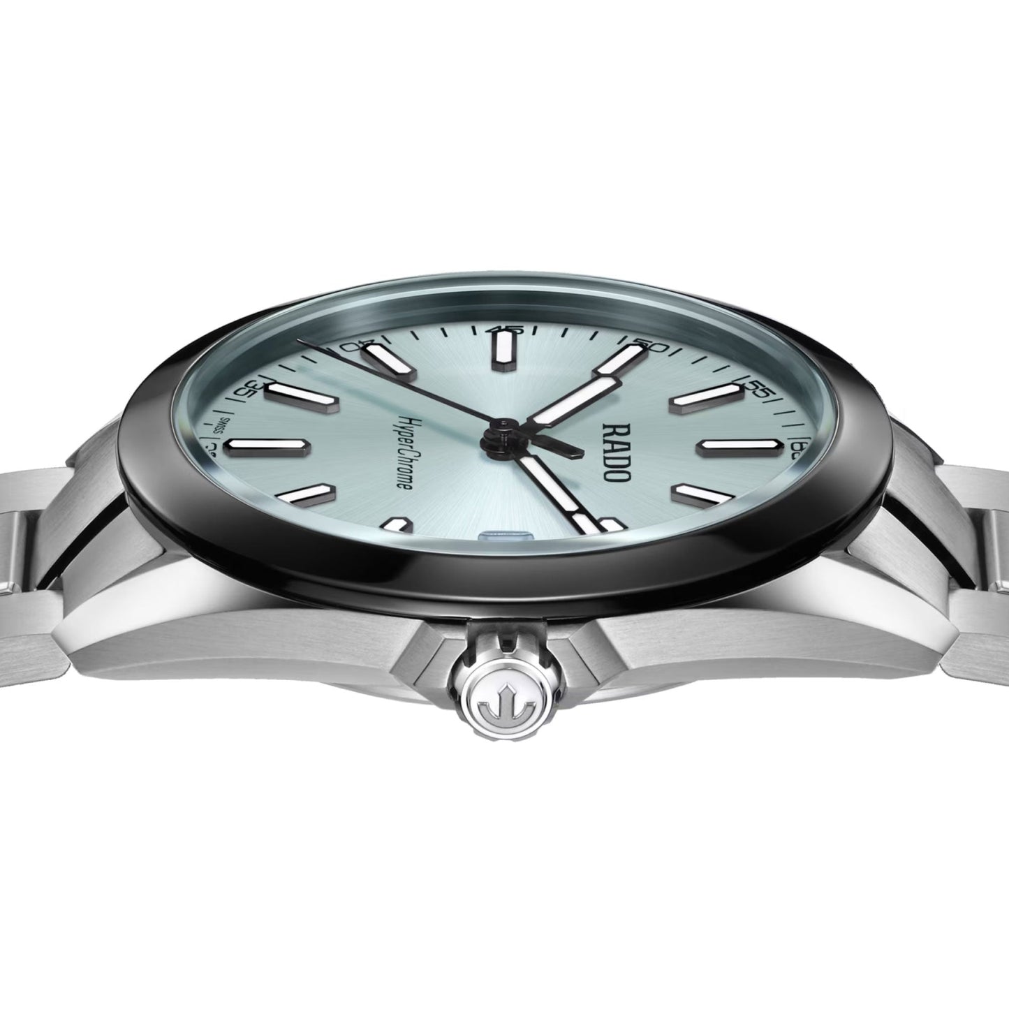 A close-up side view of the RADO HyperChrome Quartz 41.5mm Watch in silver, with a light blue dial, bold silver hour markers, high-tech ceramic bezel, and crown featuring the signature RADO anchor logo.