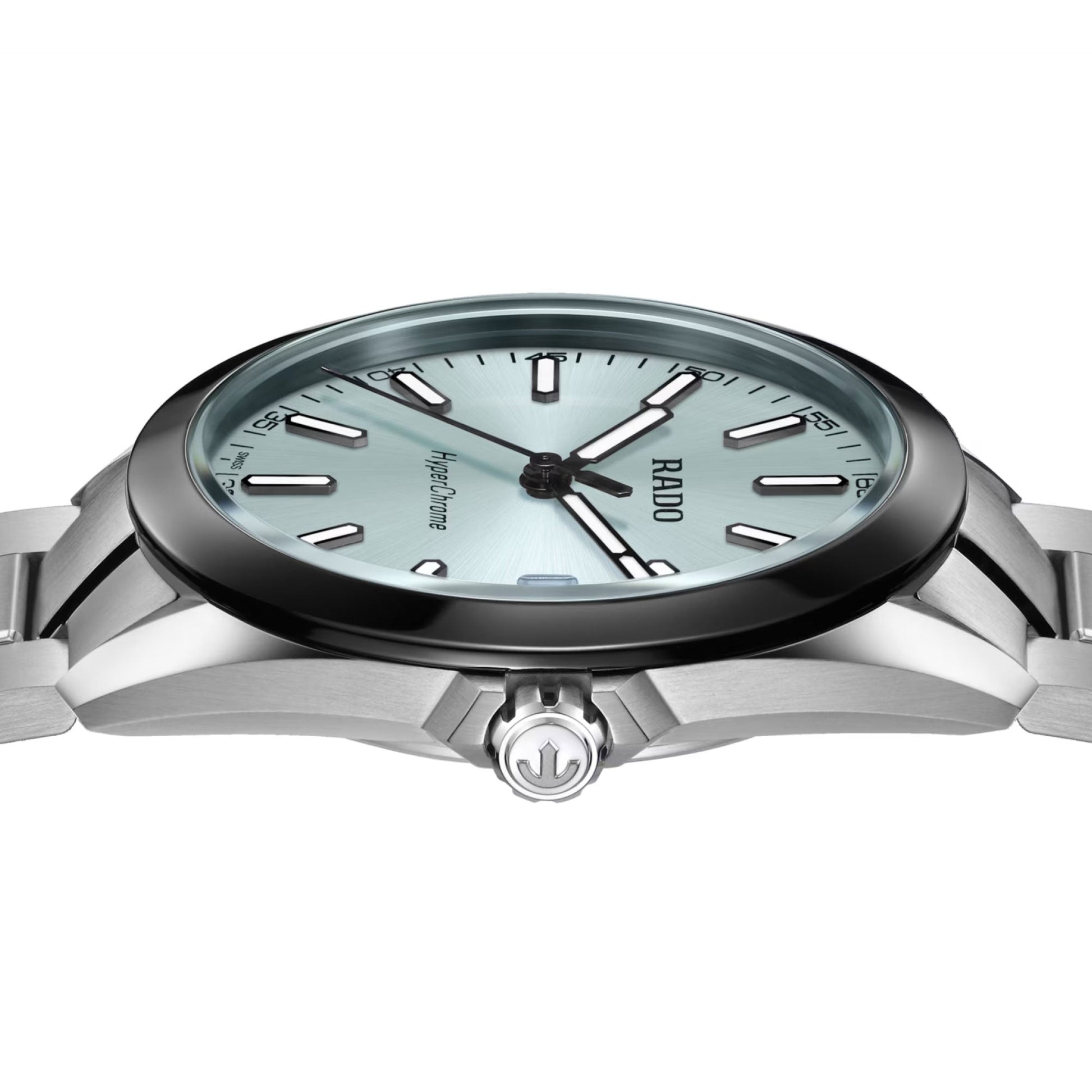 A close-up side view of the RADO HyperChrome Quartz 41.5mm Watch in silver, with a light blue dial, bold silver hour markers, high-tech ceramic bezel, and crown featuring the signature RADO anchor logo.