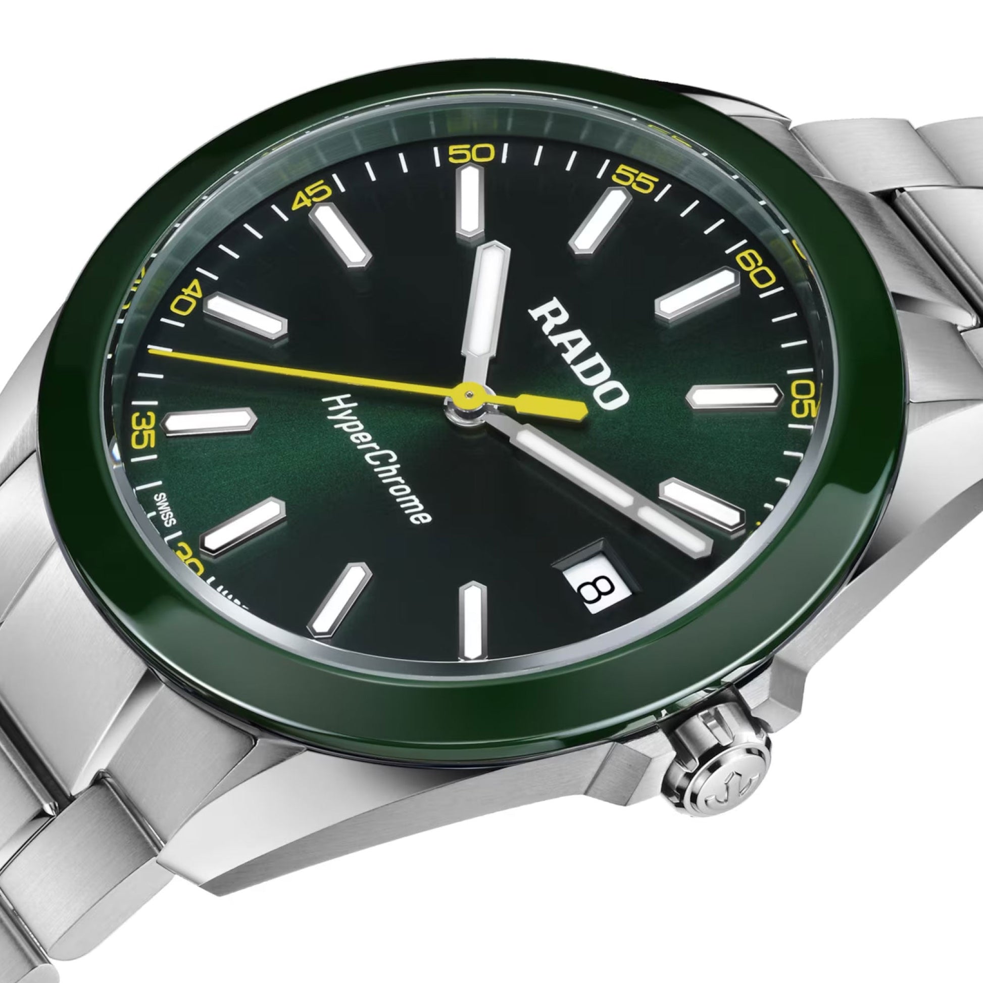 A detailed view of the RADO HyperChrome Quartz 41.5mm Watch, featuring a metallic silver band, green ceramic bezel, black and green dial with white hour markers, yellow second hand, and a date window at 3 o’clock.
