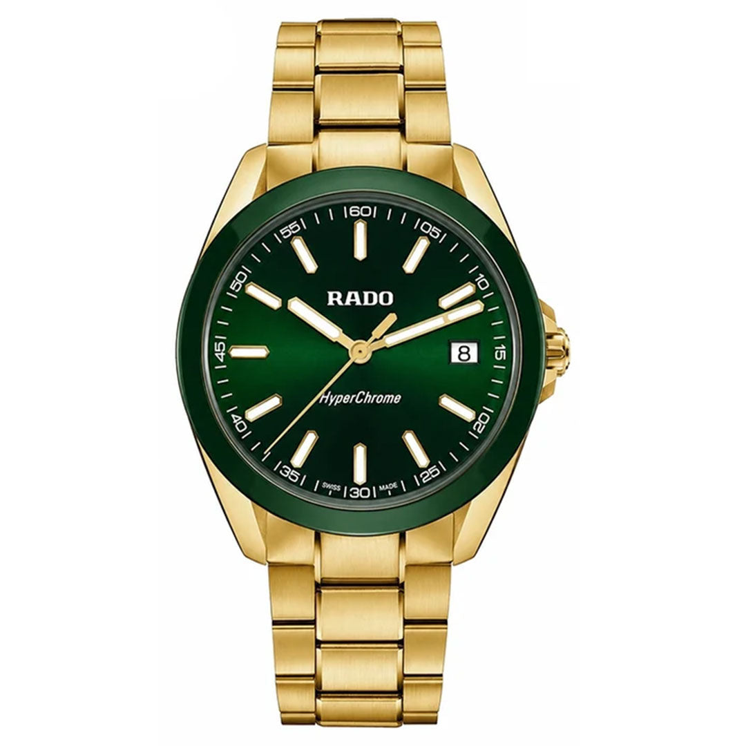 The RADO HyperChrome Quartz 41.5mm Watch features a gold case, green dial with gold hour markers and hands, date display at 3 o’clock, a green ceramic bezel, and a gold metal link bracelet from RADO.