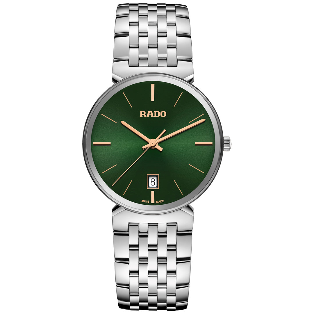 The RADO Florence Quartz 38mm Watch features a green sunray dial, gold hands and markers, silver metal band, and a date display at 6 o’clock.