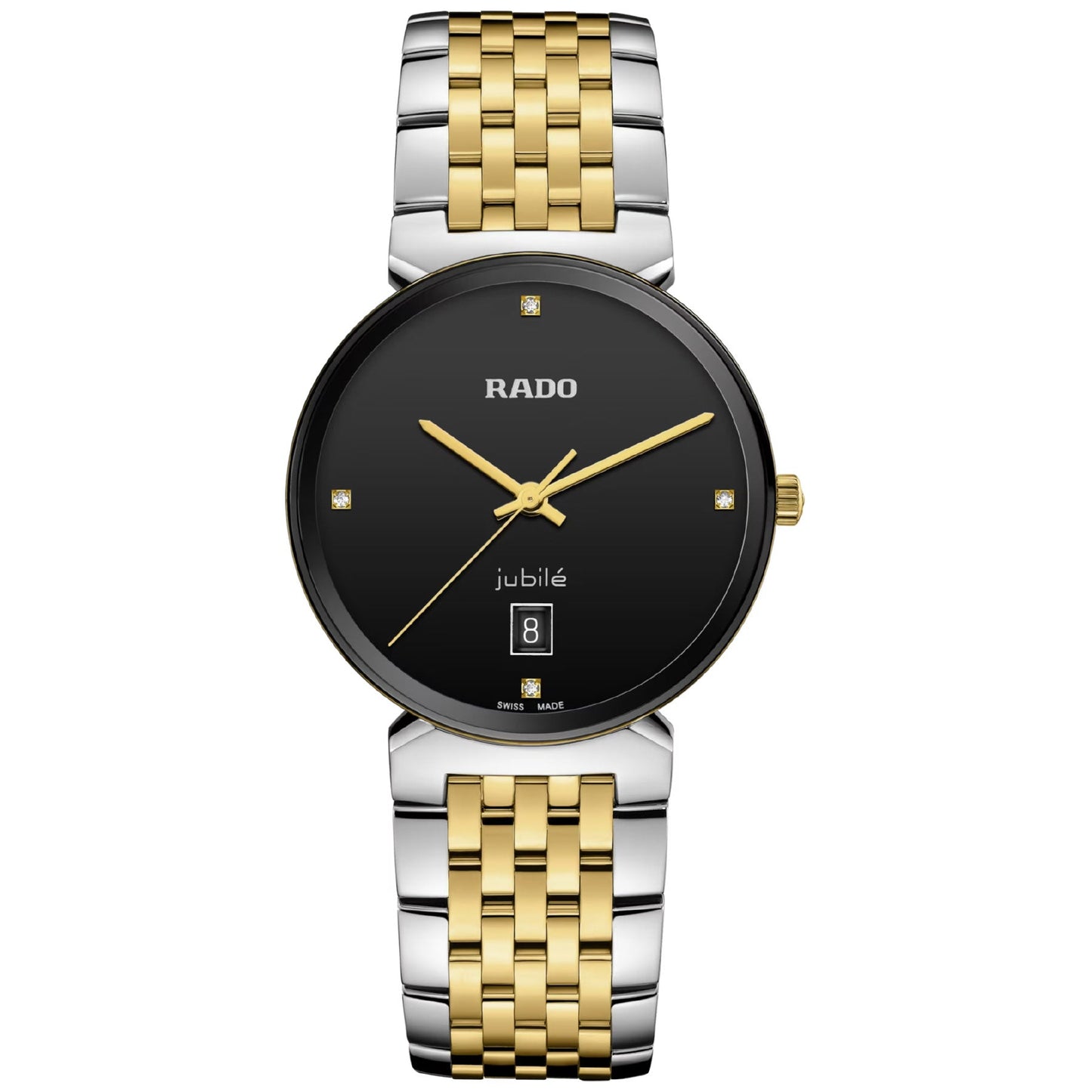 The RADO Florence Diamonds Quartz 38mm Watch is a luxurious timepiece with a black round face highlighted by gold hands and markers. Its bracelet combines gold and silver links, reflecting Swiss-made craftsmanship. The watch includes a date display and the Jubilé logo, exemplifying elegance and precision.