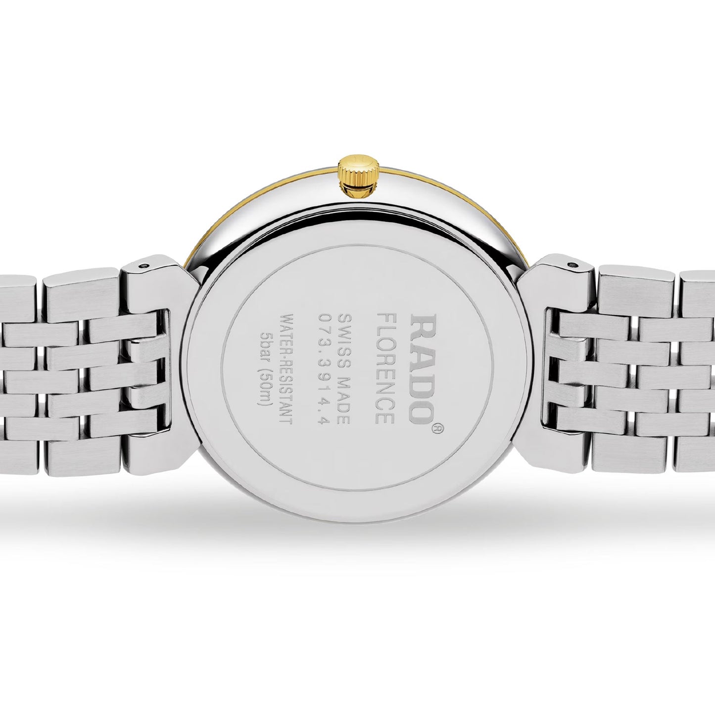 The image showcases the back of a RADO Florence Diamonds Quartz 38mm watch, featuring a metal bracelet. It displays "SWISS MADE" and water resistance details prominently. The silver back cover is adorned with a round gold-colored accent, complemented by the sophisticated Jubilé logo.