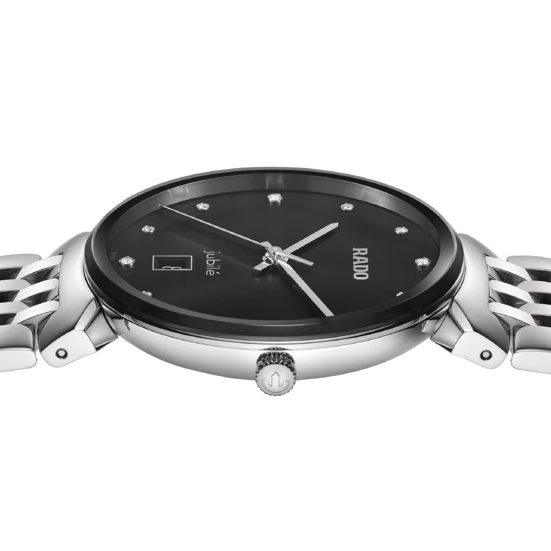 Side view of the RADO Florence Diamonds Quartz 38mm Watch featuring a sleek silver stainless steel band, black dial with diamond hour markers, and visible crown at the case center.