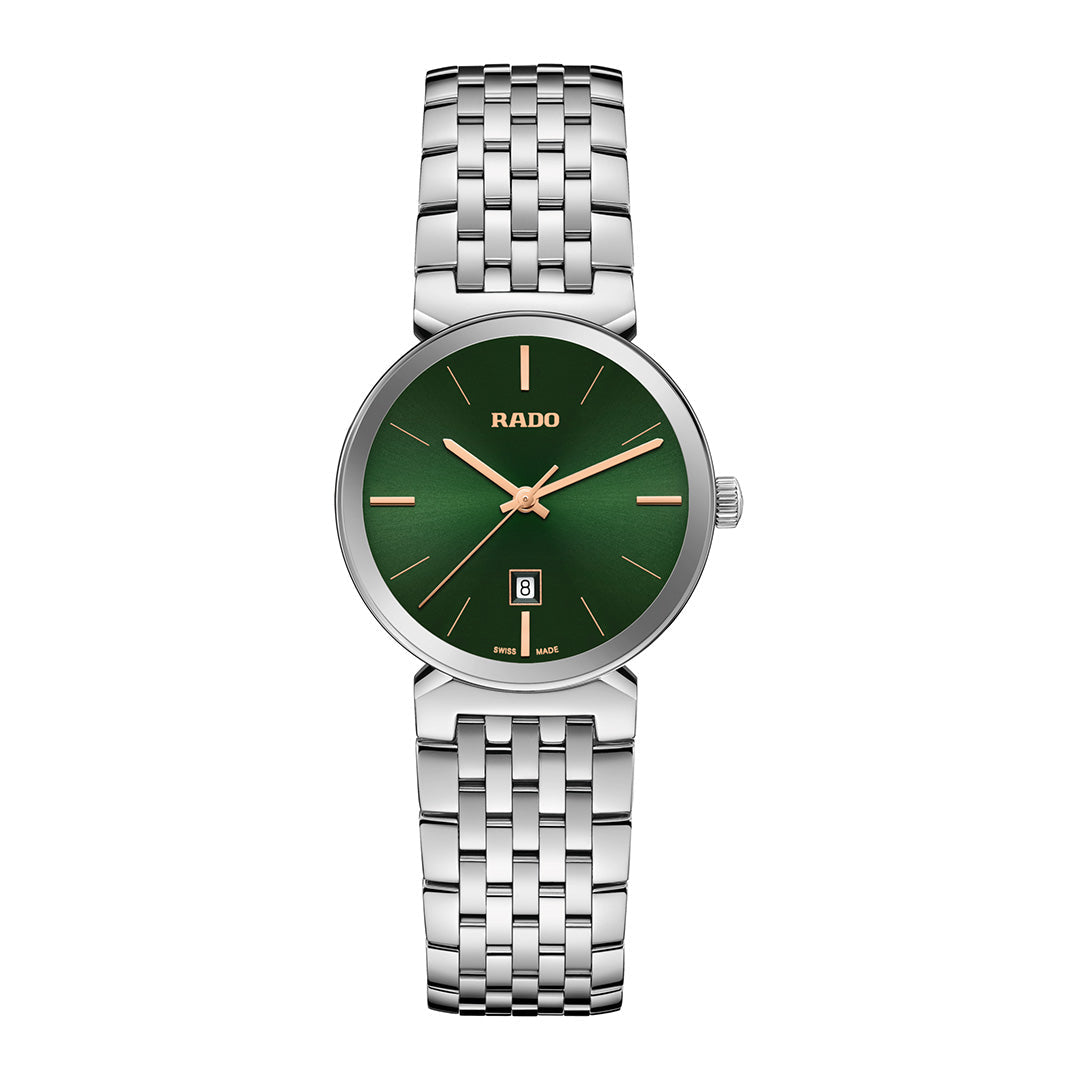 The RADO Florence Quartz 30mm Watch features a green dial with gold markers and hands, date at 6 o’clock, sapphire crystal, and a silver stainless steel bracelet.
