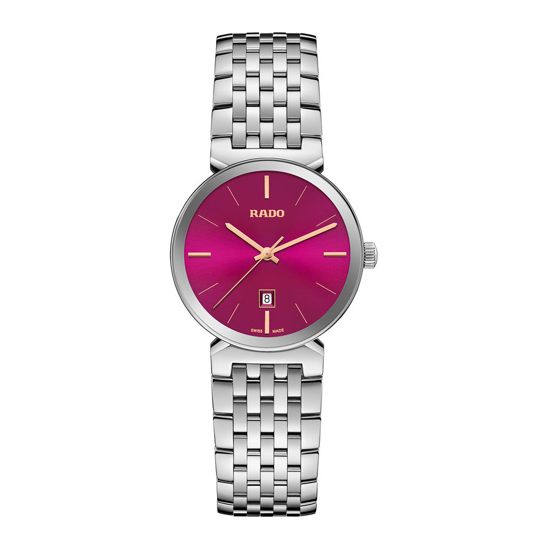 The RADO Florence Quartz 30mm Watch features a silver-tone stainless steel bracelet, magenta dial with gold markers and hands, date window above 6 o’clock, and sapphire crystal protection.