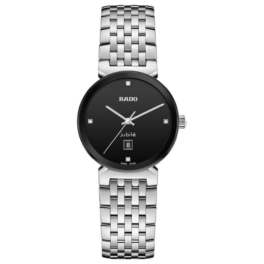 This Swiss-made RADO Florence Diamonds Quartz 30mm Watch features a sleek, silver design with a linked metal band and a black circular face. It includes silver hour and minute hands, a date window, and four full-cut diamond markers, with the elegant brand name "RADO" prominently displayed on the face.