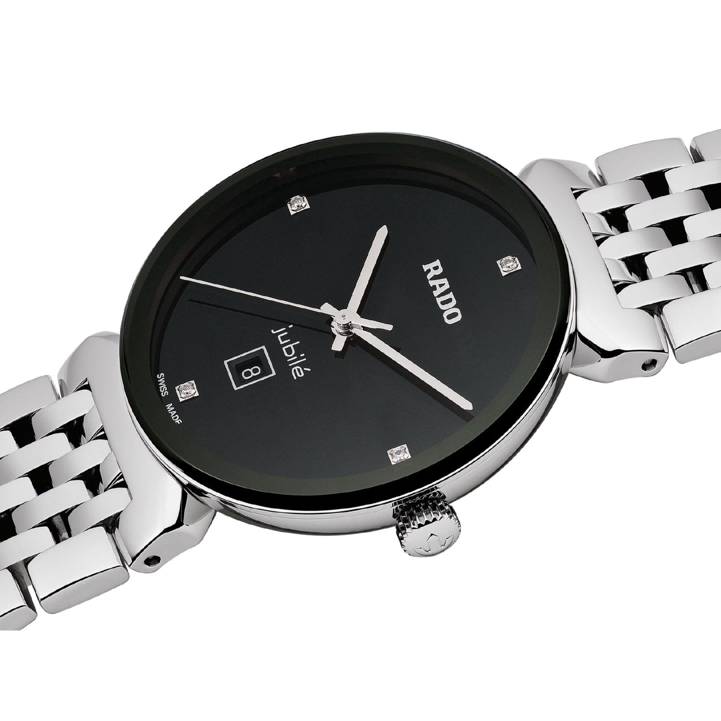 The RADO Florence Diamonds Quartz 30mm Watch showcases a black dial embellished with four diamond hour markers and the Jubilé logo. It features a date window displaying the number 8. With Swiss-made precision, a shiny metal link band, and slender silver hands, this watch exudes elegance.