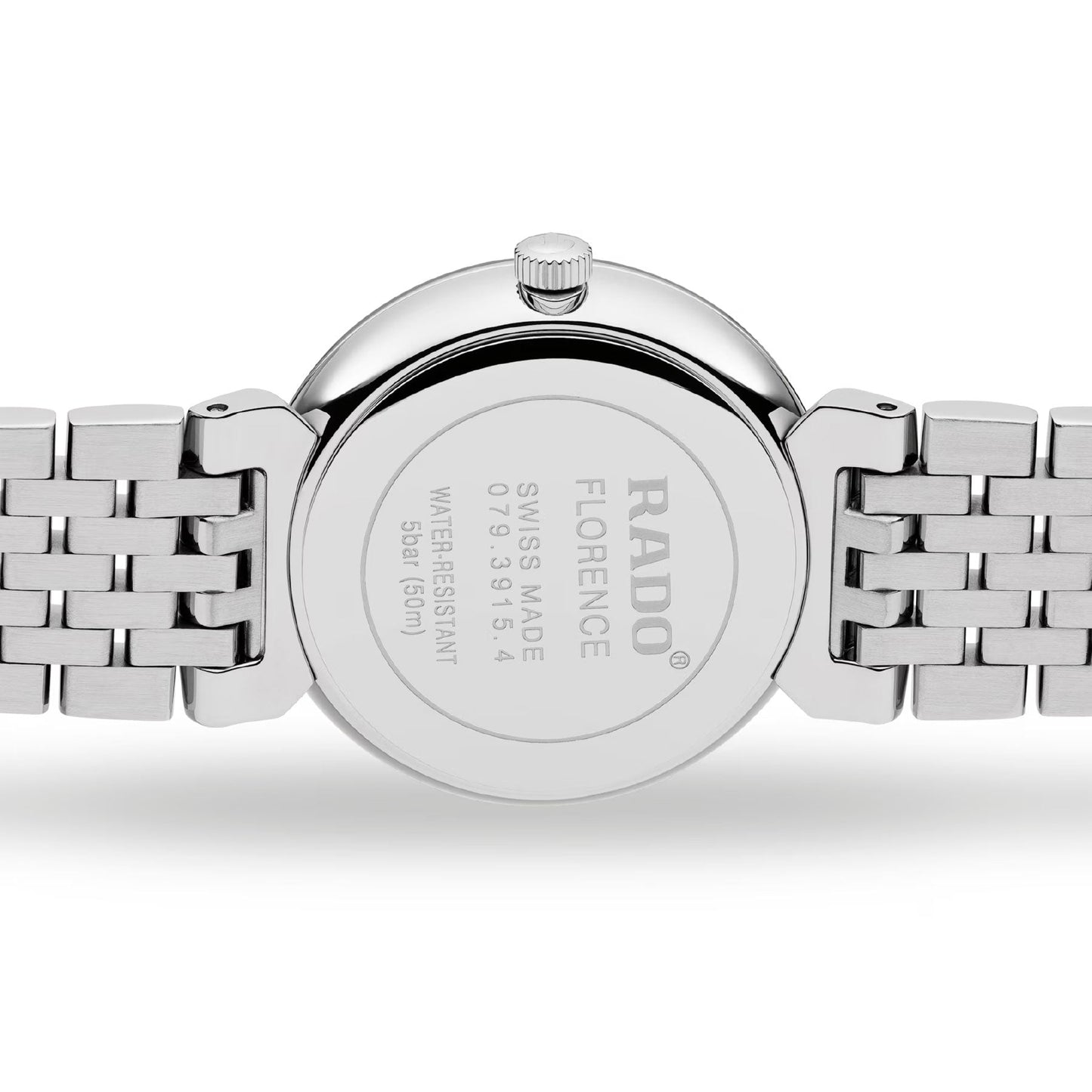 The back view of the RADO Florence Diamonds Quartz 30mm Watch highlights its Swiss-made stainless steel bracelet and case back, elegantly engraved with the brand name, model, and specifications.