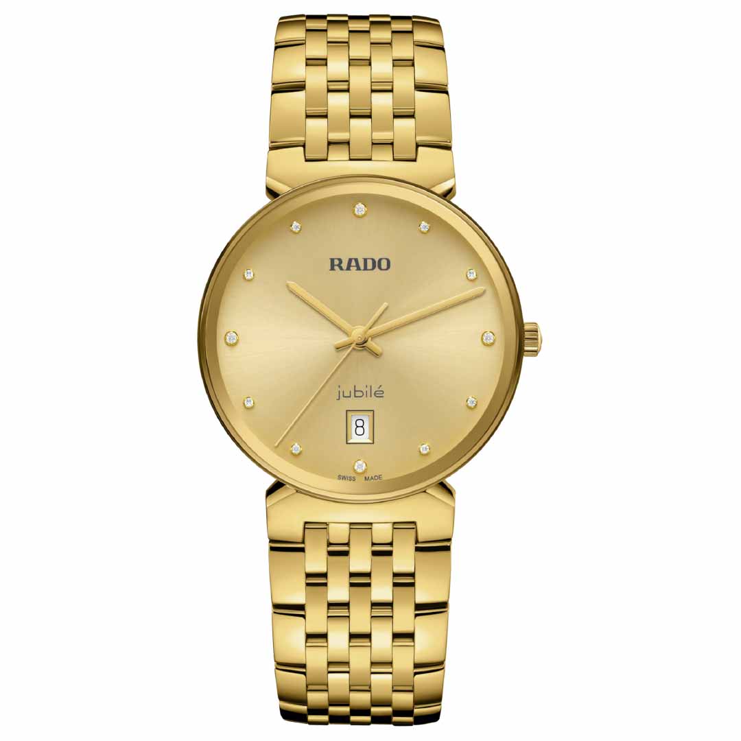 The RADO Florence Diamonds Quartz 38mm Watch is a luxurious timepiece with a round yellow gold dial adorned with small diamond markers, elegant gold hands, and a date display positioned at 6 o'clock. Its quartz movement guarantees precision, while the gold link bracelet complements its sleek and sophisticated design.