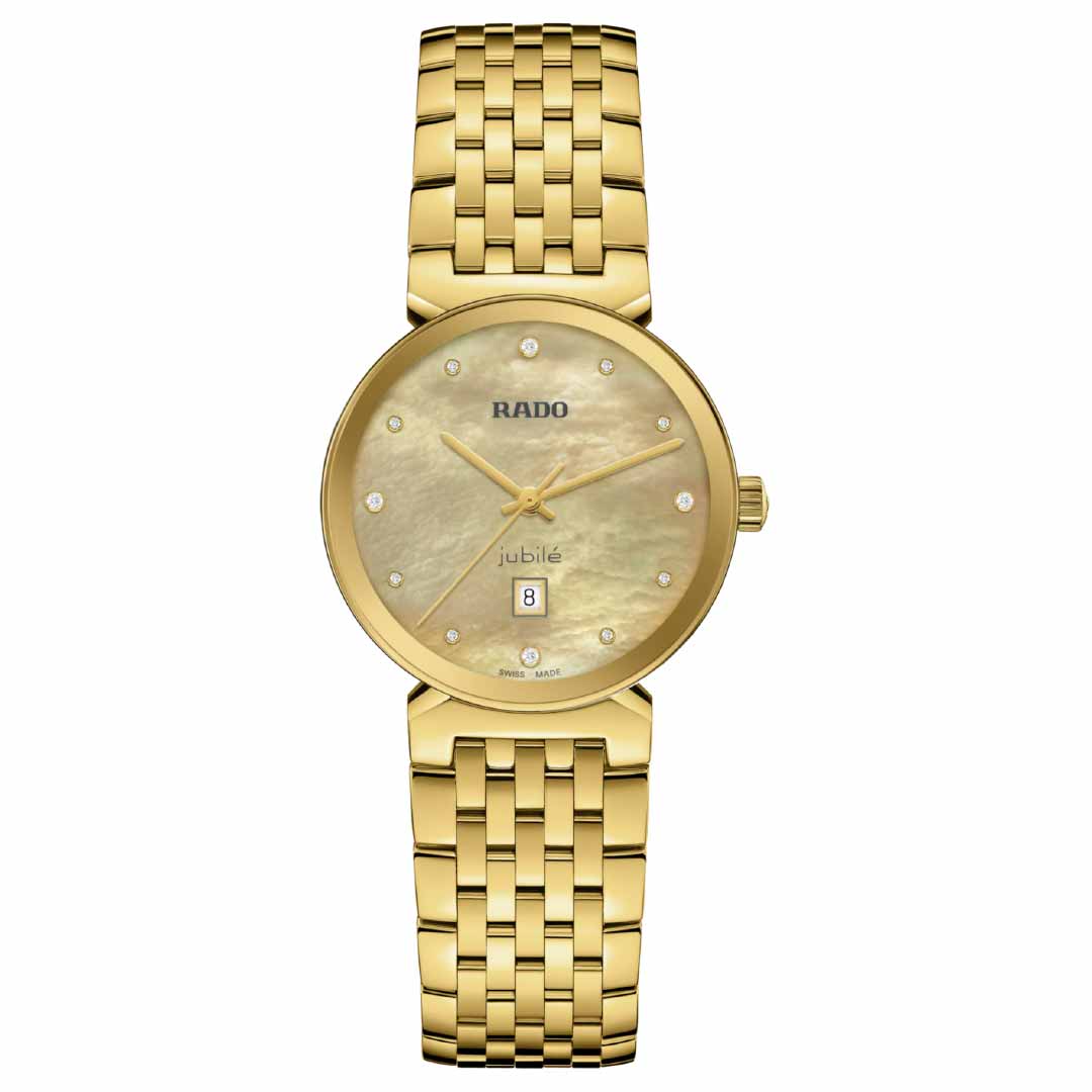 The RADO Florence Diamonds Quartz 30mm Watch exudes elegance with its intricate yellow gold woven metallic band and round face. Powered by quartz movement, this timepiece features a date display on its light gold dial embellished with small circular markers, prominently showcasing the "RADO" brand name.