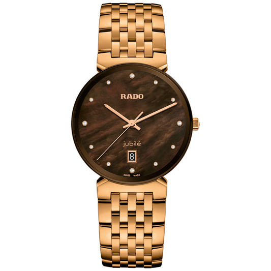 Gold-tone RADO Florence Diamonds Quartz 38mm Watch featuring a dark, textured dial, diamond hour markers, and a metal link bracelet.