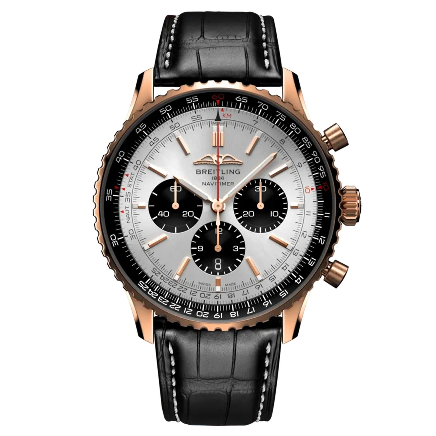 The BREITLING Navitimer B01 Chronograph 46 is the ideal choice for any aviation enthusiast, showcasing a silver and black dial, encased in rose gold, and complemented by a black leather strap. This iconic timepiece features multiple dials, a rotating bezel, and refined white stitching on the strap.