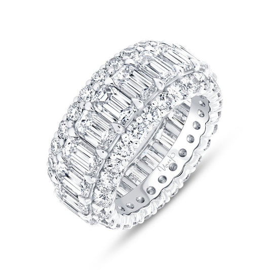 Explore the elegance of the Uneek Platinum Diamond Eternity Ring by Uneek, featuring a luxurious design. It boasts three rows of radiant diamonds—rectangular-cut at the center and bordered by round-cut stones—creating a captivating and sparkling band that epitomizes timeless beauty.