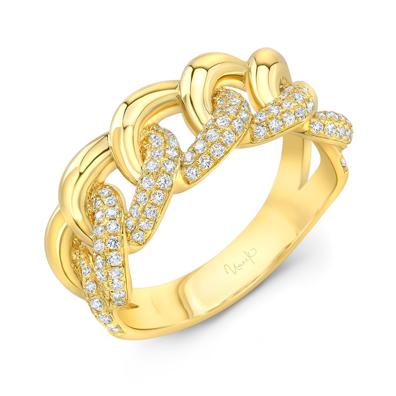 Presenting the Uneek Legacy 14K Yellow Gold Fashion Ring by Uneek, this exquisite piece showcases a chain-link design with each link embellished with small, sparkling round diamonds. The ring features a smooth, polished finish, radiating elegance in every detail.