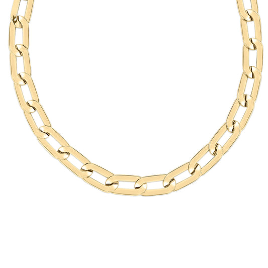 The Roberto Coin Designer 18K Yellow Gold Squared Edge Paper Clip Link Chain Necklace by Roberto Coin exudes refined elegance against a white background.