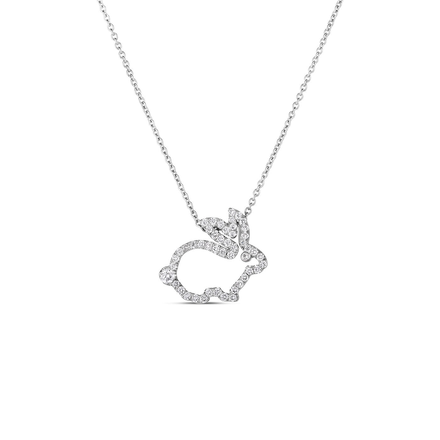 This necklace, from the Roberto Coin Tiny Treasures Collection, showcases an 18K White Gold design with a bunny-shaped pendant adorned with round diamonds. Its open structure lends an elegant touch against a plain white background.