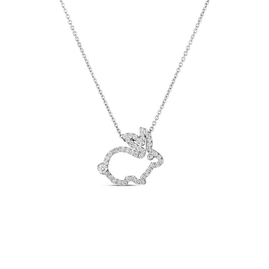 This necklace, from the Roberto Coin Tiny Treasures Collection, showcases an 18K White Gold design with a bunny-shaped pendant adorned with round diamonds. Its open structure lends an elegant touch against a plain white background.