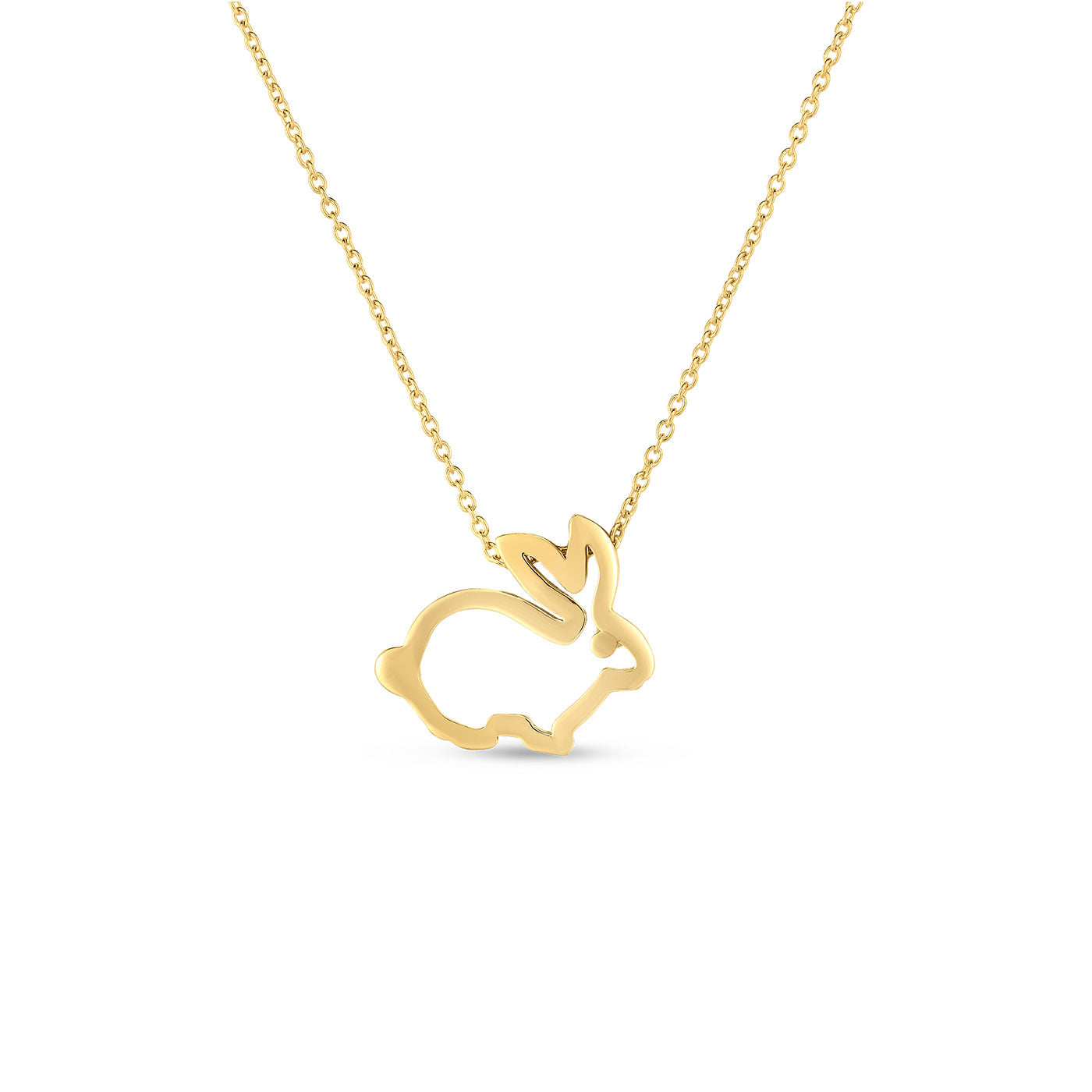 As part of the Roberto Coin Tiny Treasures Collection, the 18K Yellow Gold Rabbit Outline Necklace Pendant showcases a minimalist rabbit design. The elegant fine chain enhances its delicate allure, while the plain white background emphasizes its simplicity and grace.