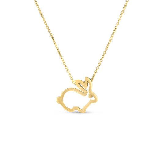 As part of the Roberto Coin Tiny Treasures Collection, the 18K Yellow Gold Rabbit Outline Necklace Pendant showcases a minimalist rabbit design. The elegant fine chain enhances its delicate allure, while the plain white background emphasizes its simplicity and grace.