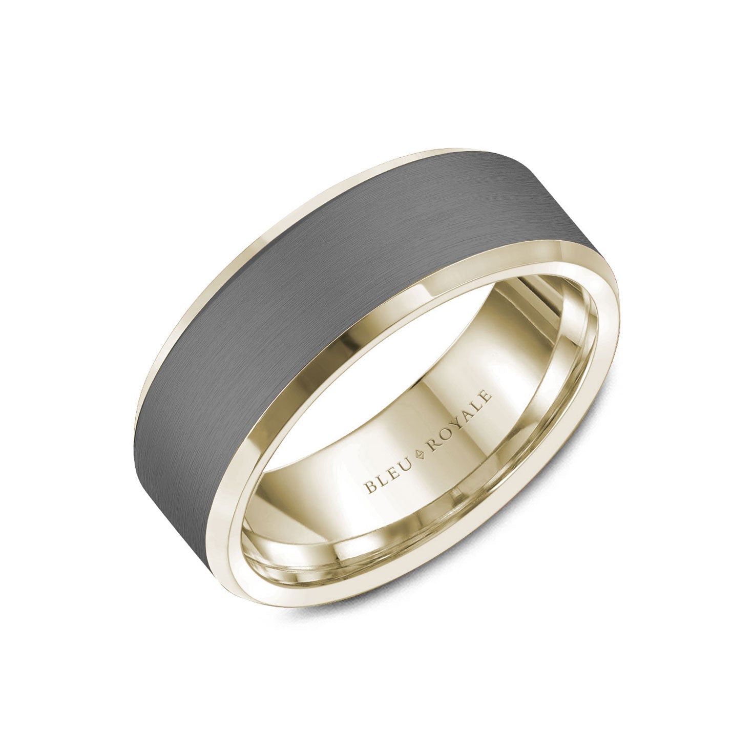 The Crown Ring Bleu Royale Tantalum 14K Yellow Gold Men's Wedding Band by Crown Ring features a stylish and contemporary design with a matte gray tantalum band, elegantly bordered by polished yellow gold edges. Inside, it is engraved with the words "Crown Ring Bleu Royale.