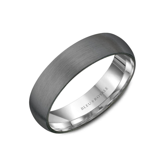 Introducing the Crown Ring Bleu Royale Tantalum and 14K White Gold Men's Wedding Band by Crown Ring. This ring features a modern, minimalist design with a smooth, brushed tantalum exterior and a polished 14K white gold interior. Inside, it is engraved with "BLEU ROYALE.