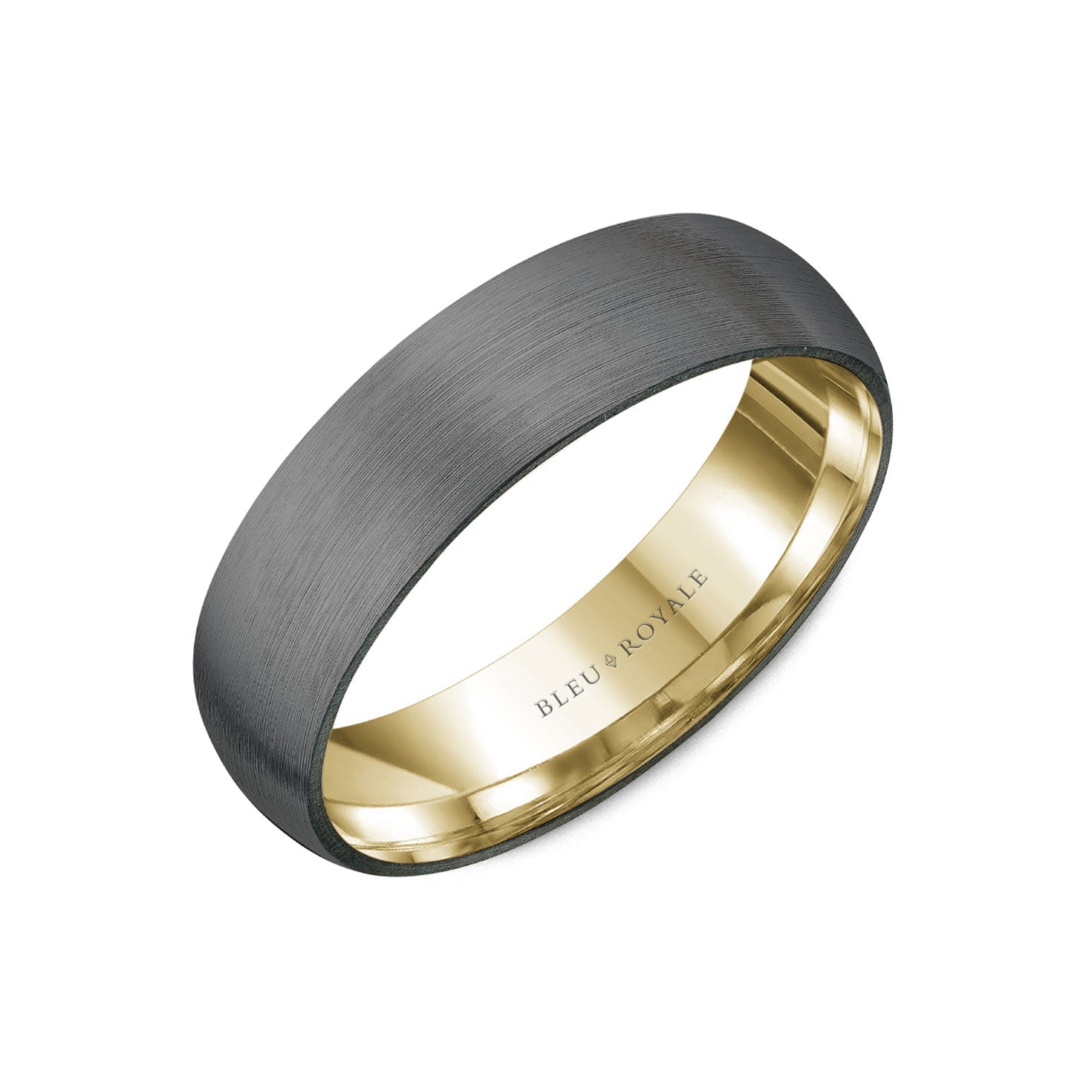 The Crown Ring Bleu Royale Tantalum and 14K Yellow Gold Men's Wedding Band boasts a two-tone design with a brushed dark exterior and a polished gold interior, ensuring both style and durability.
