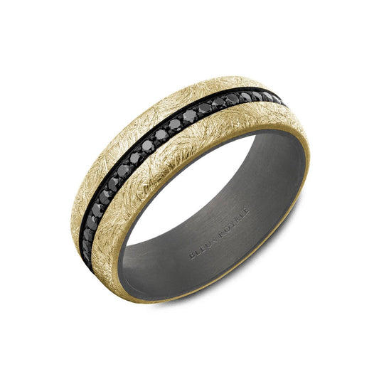 This Crown Ring Bleu Royale men's wedding band showcases a tantalum and 14K white gold ring with a textured surface, accented by a central band of black diamonds, adding an elegant touch to any occasion.