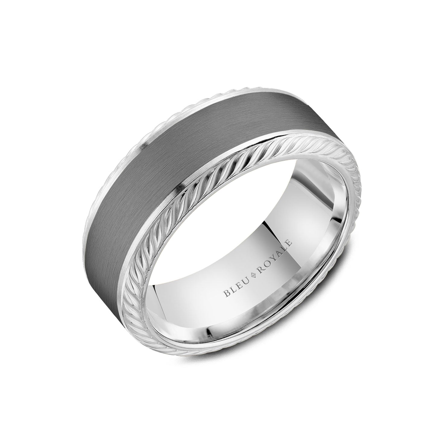 A sophisticated men's wedding band from Crown Ring, part of the Bleu Royale collection, crafted in tantalum and 14K white gold. The design showcases a polished silver band with a brushed metallic stripe at the center and "BLEU ROYALE" elegantly inscribed inside.