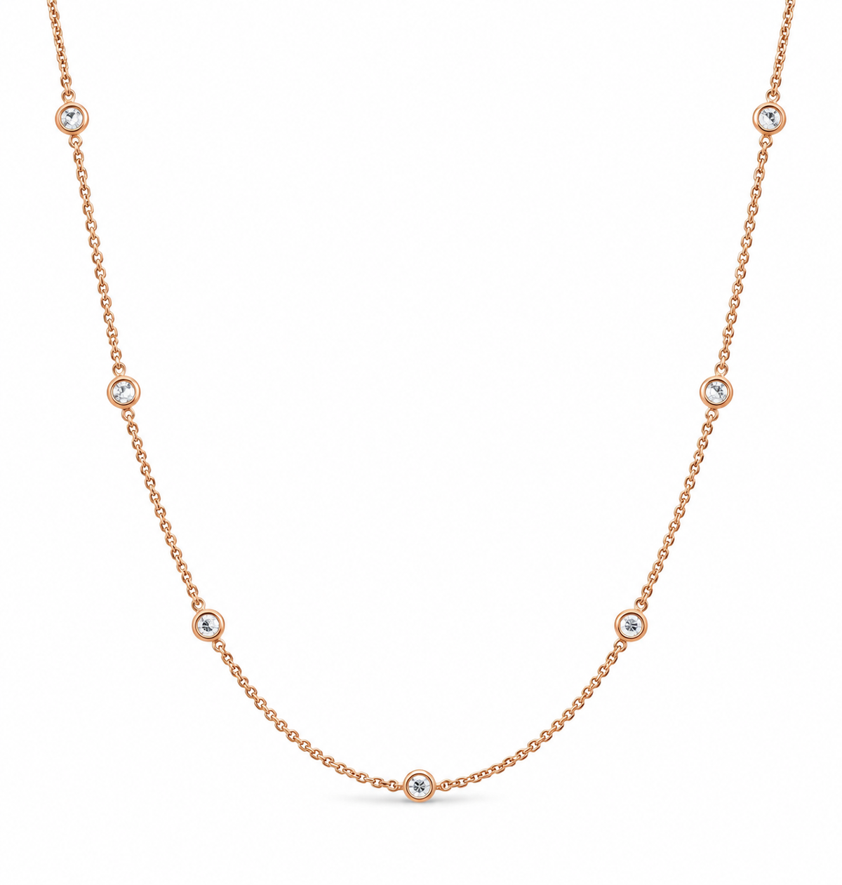 Raffi&Co.® 18K Rose Gold 2.84 ctw Round Diamond Station Necklace featuring seven bezel-set round diamonds spaced evenly along an 18K rose gold chain.