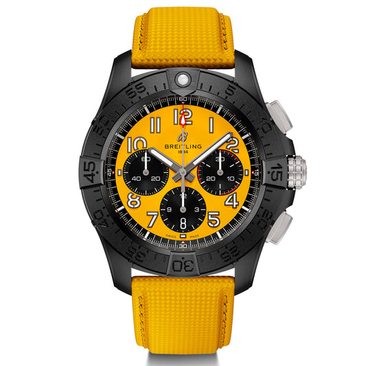 The Breitling Avenger B01 Chronograph 44 Night Mission showcases supersonic strength with its vibrant yellow face and matching strap. This sleek watch features a black bezel with white numerals and includes three black subdials, offering full-throttle functionality for measuring elapsed time.