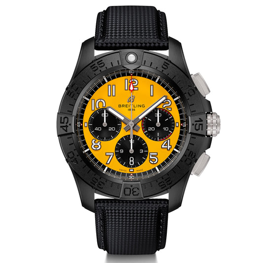 The BREITLING Avenger B01 Chronograph 44 Night Mission exudes supersonic strength with its vibrant yellow dial, paired with a sleek black strap. It showcases three black subdials, silver hour markers, a date display positioned between 4 and 5 o'clock, bold hands, and a black rotating bezel.