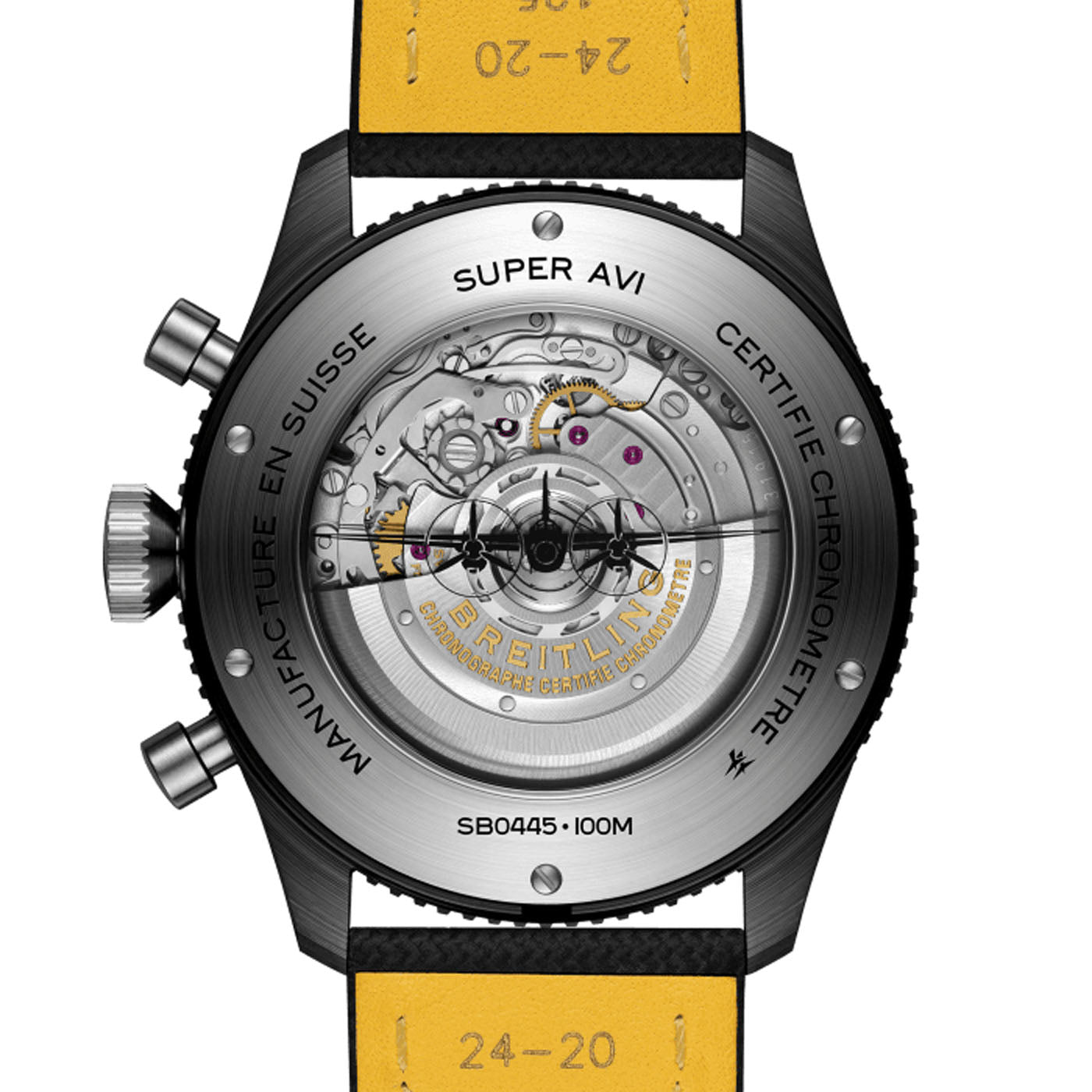 The image showcases the back of the Breitling Super AVI B04 Chronograph GMT 46 Mosquito Night Fighter, with a transparent case revealing intricate clockwork mechanisms. It highlights Swiss manufacturing and boasts water resistance of 100 meters. The leather strap stands out in yellow, embodying timeless elegance.