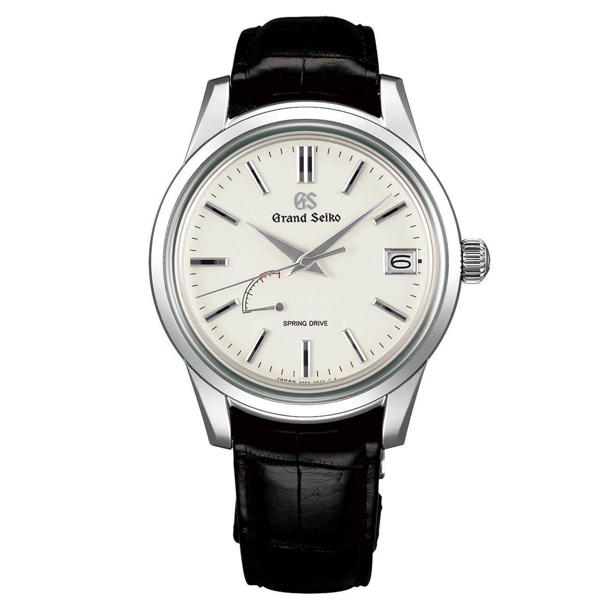 The Grand Seiko Elegance Collection Spring Drive 40.2mm Watch showcases a silver stainless steel case, white dial, black leather strap, and spring drive mechanism. It features silver indices, a date window at the 3 o'clock position, and the iconic Grand Seiko logo beneath the 12 o'clock marker.