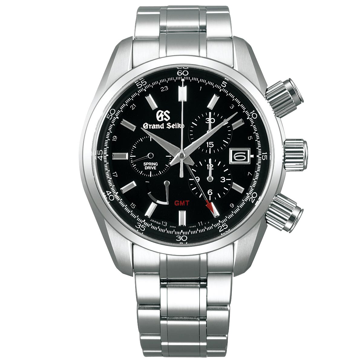 The Grand Seiko Sport Collection Spring Drive Chronograph 43.5mm Watch showcases a sophisticated black dial with multiple subdials, including both GMT and chronograph functions. It is equipped with three pushers along the side and features a date display at the 3 o'clock position, all elegantly set on a stainless steel bracelet.