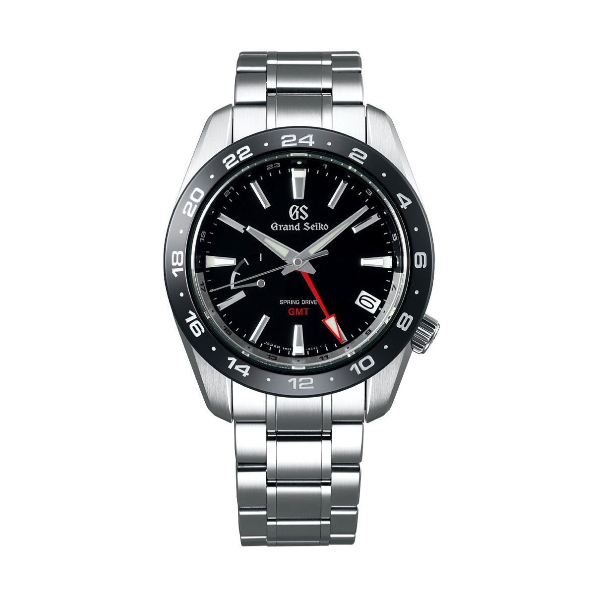 The Grand Seiko Sport Collection Spring Drive GMT 40.5mm watch features a silver stainless steel construction with a black dial, highlighting a 24-hour bezel and the iconic red Spring Drive GMT hand. It includes a sleek bracelet, prominently displays the Grand Seiko logo at the top, and is complemented by stylish hour and minute hands.