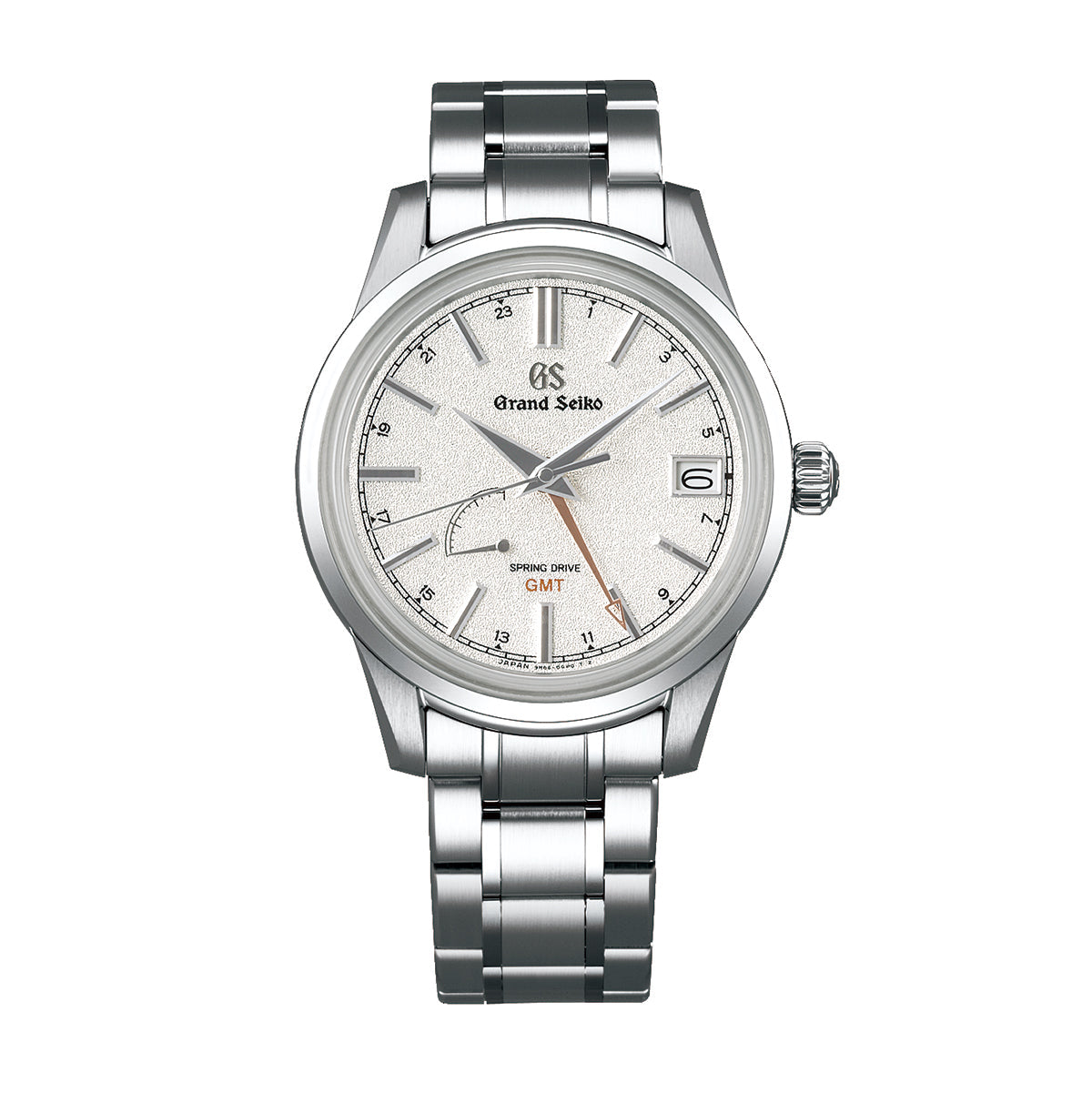 The Grand Seiko Elegance Collection Spring Drive GMT 40.2mm Watch features a textured white dial with silver hour markers and includes a date window at 3 o'clock alongside a striking red GMT hand. Its sleek stainless steel bracelet complements the sophisticated design, accentuated by its central seconds hand.