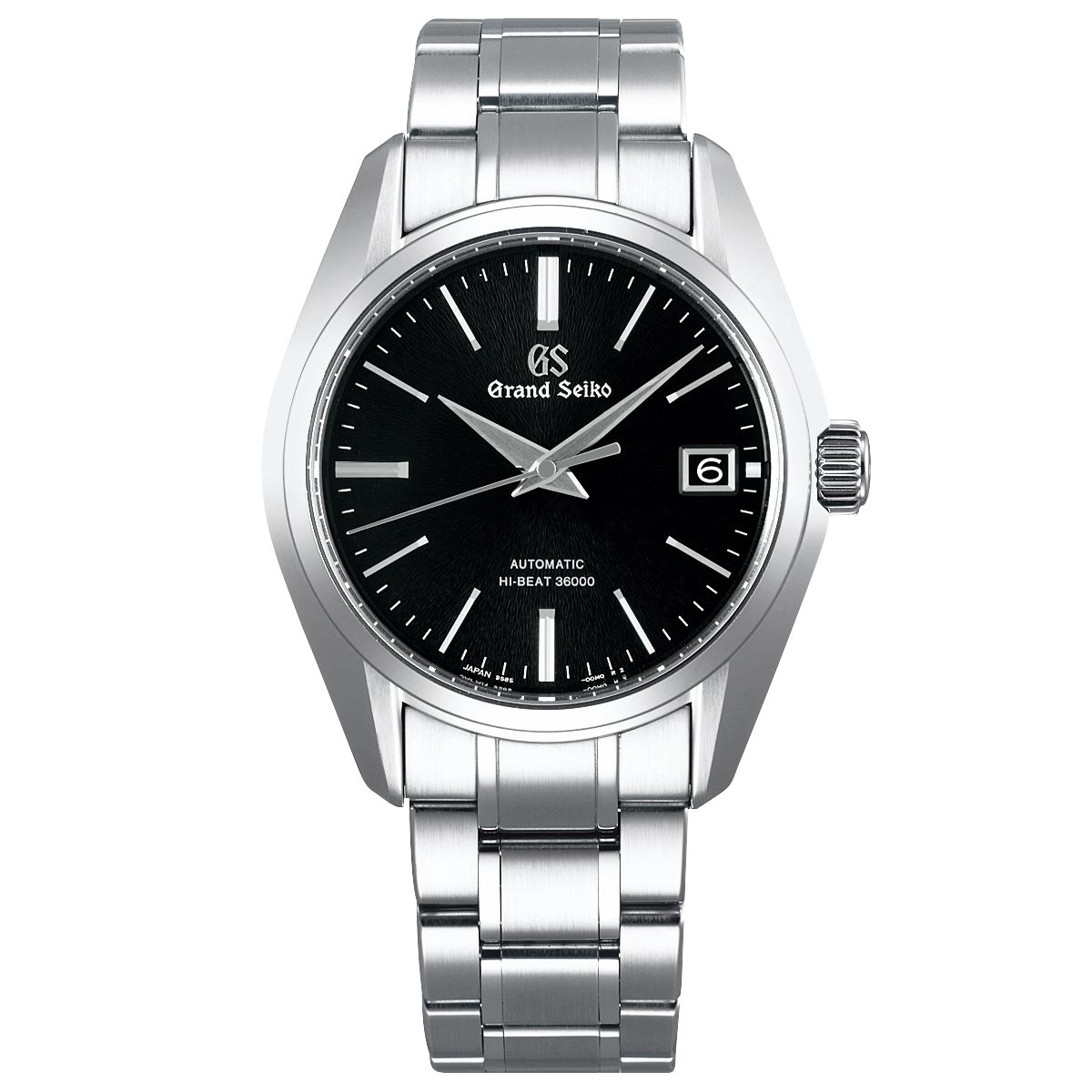 A Grand Seiko Heritage Collection Automatic with Manual Winding Mechanical Hi-Beat 36000 40.2mm Watch, featuring a silver stainless steel band and case, demonstrates its high-precision movement. It includes a black dial with silver hour markers and hands, a date window at the 3 o'clock position, and the "Hi-Beat 36000" inscription above the 6 o'clock mark.