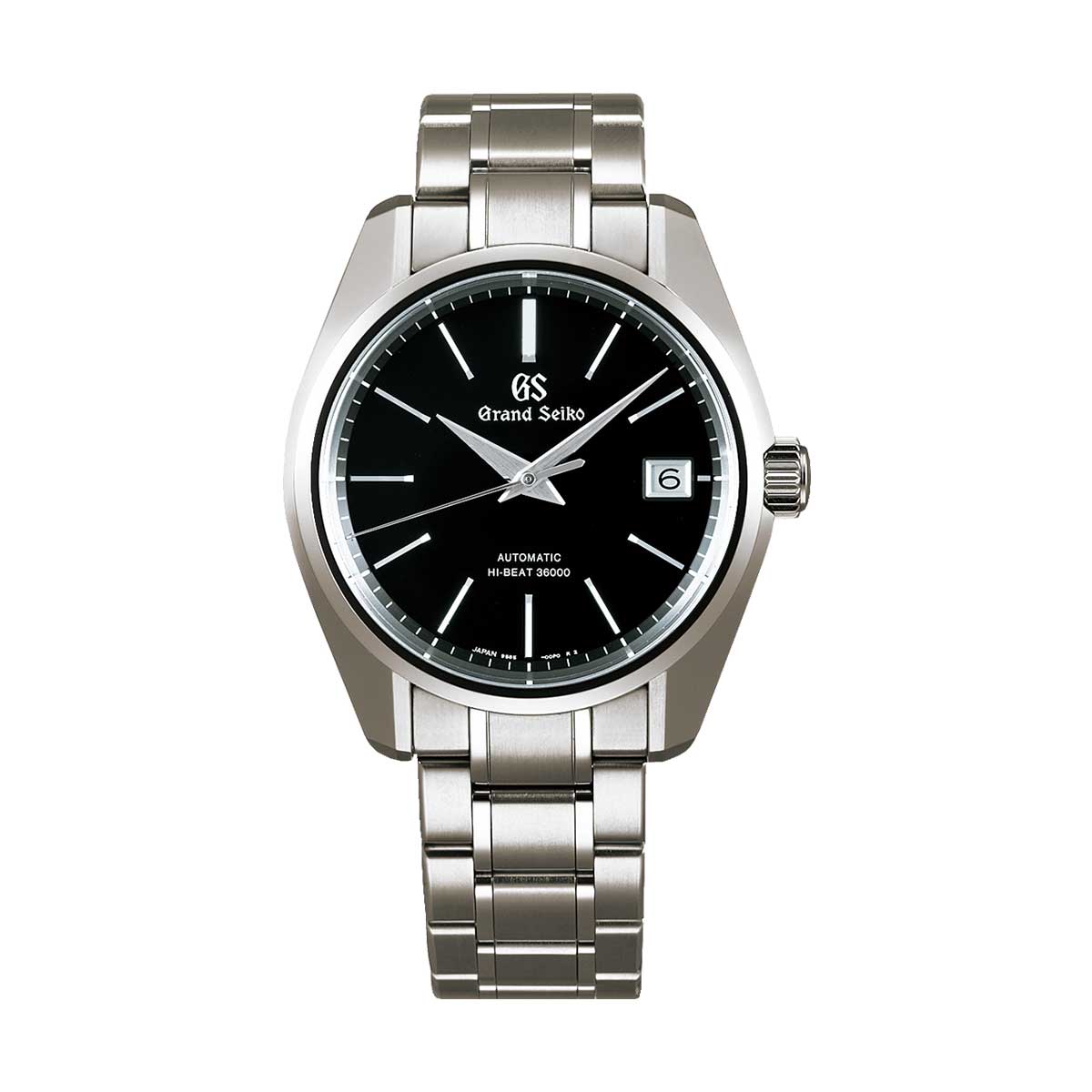 A Grand Seiko Heritage Collection watch, crafted from high-intensity titanium, features a black dial with a date window and proudly displays the "Hi-Beat 36000" calibre. This 40mm timepiece is complemented by a polished metal bracelet and exudes sleek, modern elegance.