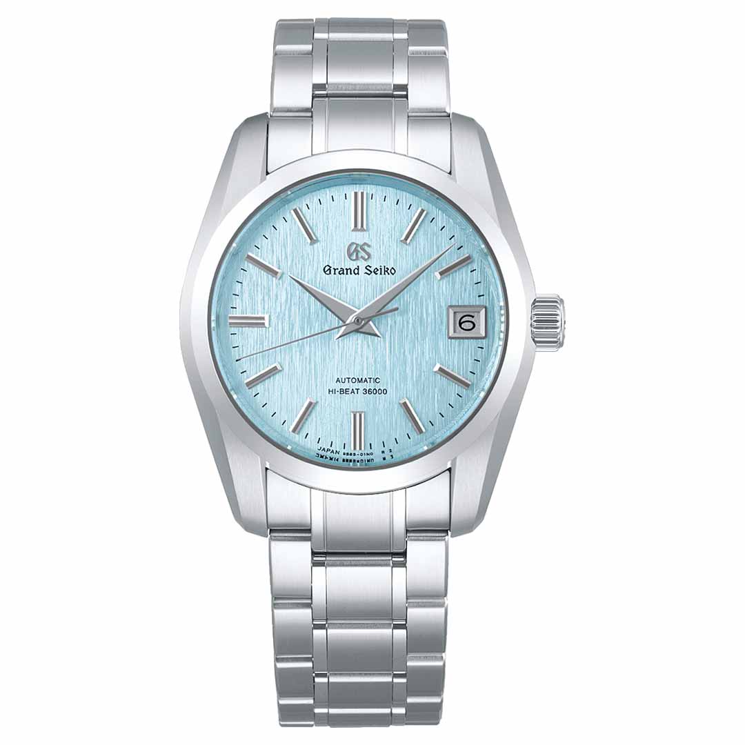 The Grand Seiko Heritage Collection Automatic with Manual Winding 37mm Watch is elegantly crafted from Ever-Brilliant Steel. It features a light blue textured dial, adorned with silver hour markers and a date window positioned at 3 o'clock. The watch includes a stainless steel bracelet, and the dial prominently displays the brand name alongside "Automatic Hi-Beat 36000.