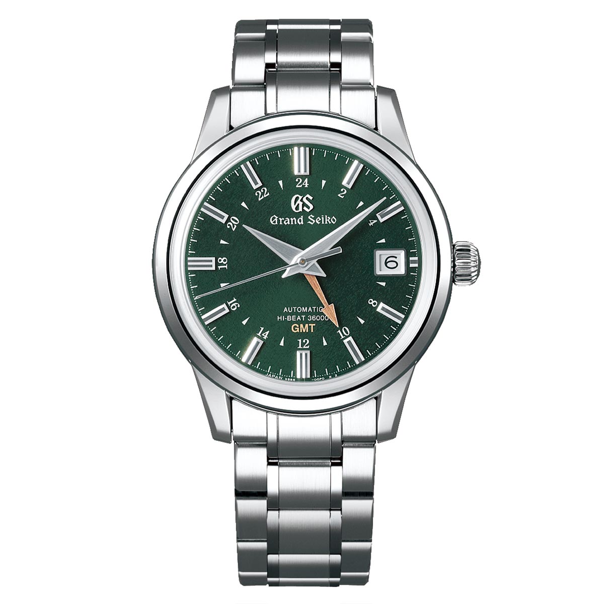 The Grand Seiko Elegance Collection Automatic with Manual Winding GMT 39.5mm Watch features a metallic band and an eye-catching green dial, adorned with white hour markers and a date window positioned at 3 o'clock. Its GMT function and polished finish underscore its timeless sophistication.