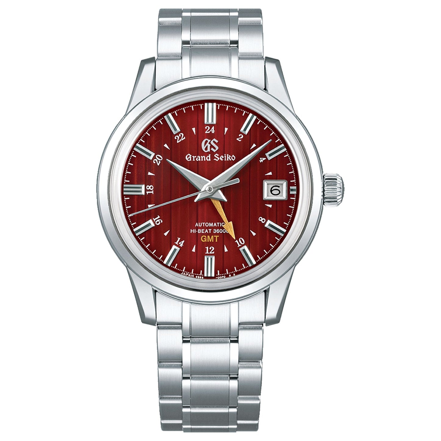 The Grand Seiko Elegance Collection Automatic with Manual Winding GMT 39.5mm Watch, a masterpiece of autumn beauty, features a stainless steel bracelet and a striking red dial. Its silver hour markers and "Automatic Hi-Beat 36000 GMT" text enhance its elegance, while the silver-toned hands contribute to its allure. A date display at 3 o'clock completes this timepiece's refined charm.