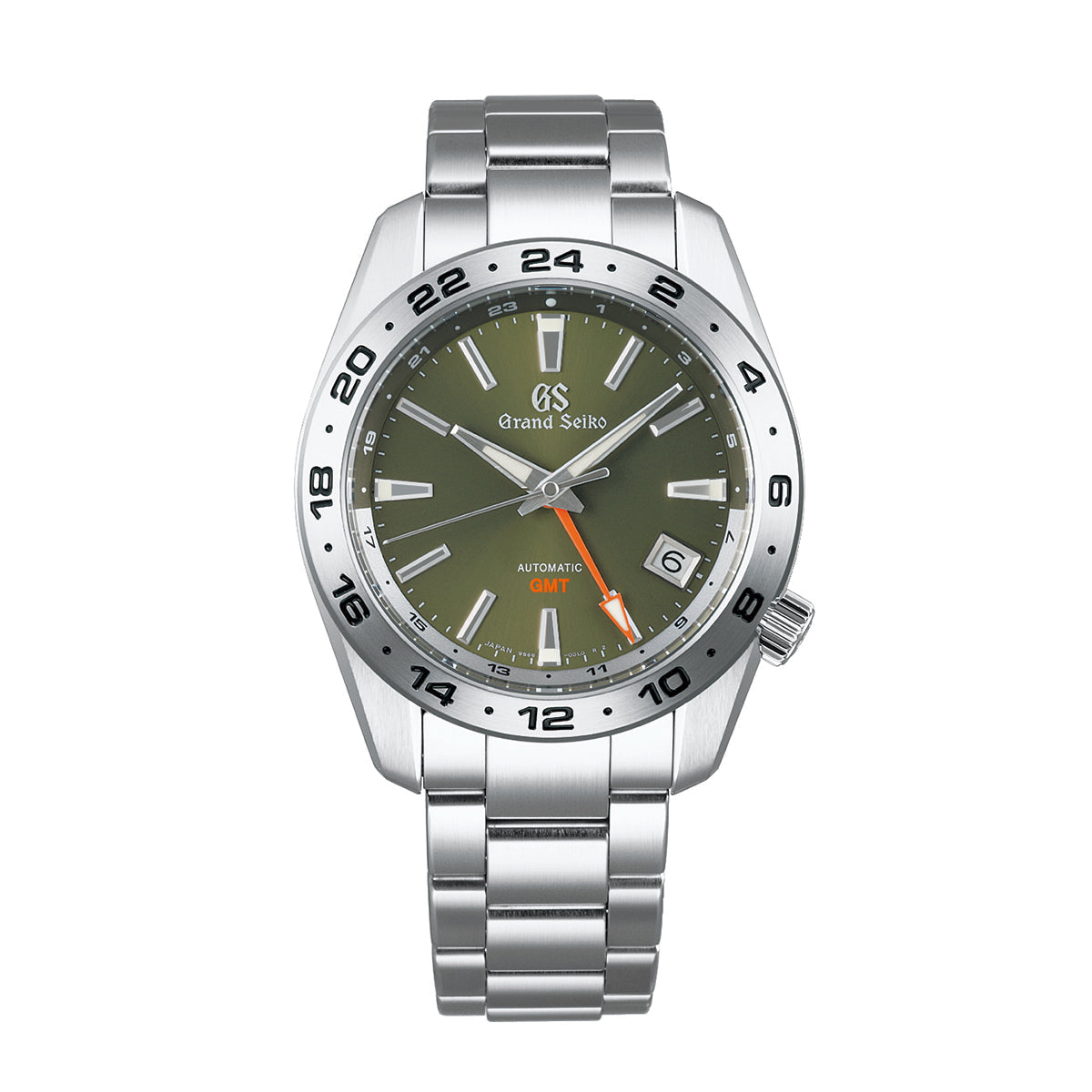 This exquisite watch from the Grand Seiko Sport Collection, named the Grand Seiko Sport Collection Automatic with Manual Winding GMT 40.5mm Watch, features dual-time capability. It comes with a stainless steel band and a silver bezel adorned with a 24-hour GMT scale. The green dial beautifully complements the silver hour markers and hands, while its date window positioned at 4 o'clock and the orange GMT hand enhance its functionality.