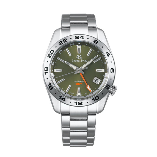 This exquisite watch from the Grand Seiko Sport Collection, named the Grand Seiko Sport Collection Automatic with Manual Winding GMT 40.5mm Watch, features dual-time capability. It comes with a stainless steel band and a silver bezel adorned with a 24-hour GMT scale. The green dial beautifully complements the silver hour markers and hands, while its date window positioned at 4 o'clock and the orange GMT hand enhance its functionality.