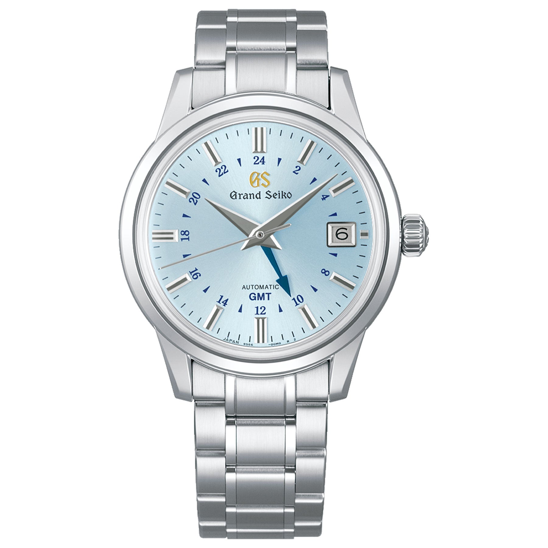 This limited-edition Grand Seiko Elegance Collection watch celebrates the 25th anniversary of the Caliber 9S, with only 1,700 pieces available. It features a silver stainless steel band and case, along with a light blue watch face that includes GMT markings and a date window at the 3 o'clock position. The timepiece is powered by the Caliber 9S66 movement and boasts silver hour markers and hands for a sleek design.